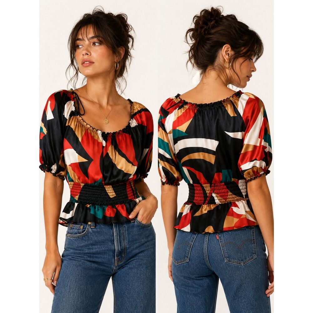 XOXO Women's Medium Y2K Abstract Geometric Blouse Multicolor Puff Sleeve Top